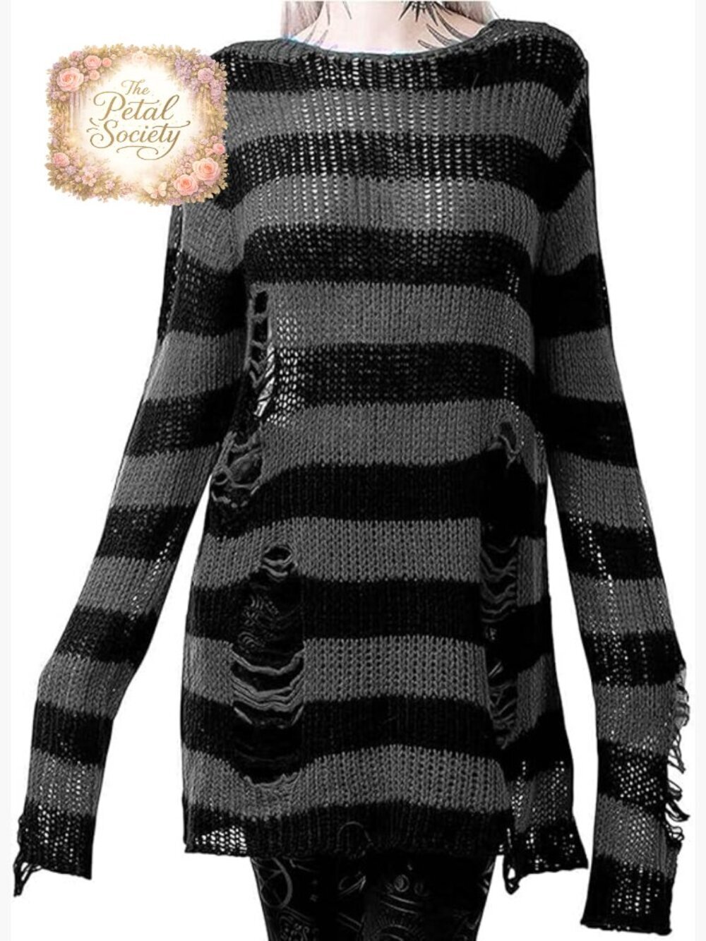 Long Sleeve Off Shoulder Pullover Sweater Dress, Ripped Striped Knit, One Size